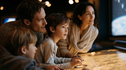 Fototapeta premium Family unit at interactive space exploration museum exhibit where parents and children press touch panels on a solar system journey timeline while a display shows distance light