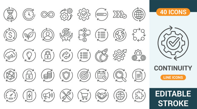 Continuity and process lifecycle line icons set. Vector illustration of business workflow, continuous improvement, automation elements, editable stroke.