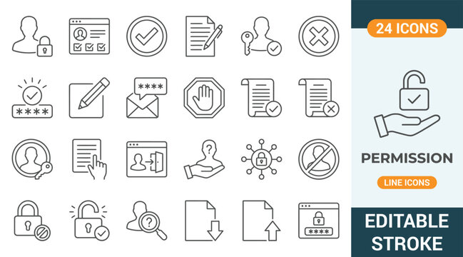 Permission and access control line icons set. Vector illustration of user authentication, data privacy, security clearance, account verification elements, editable stroke.
