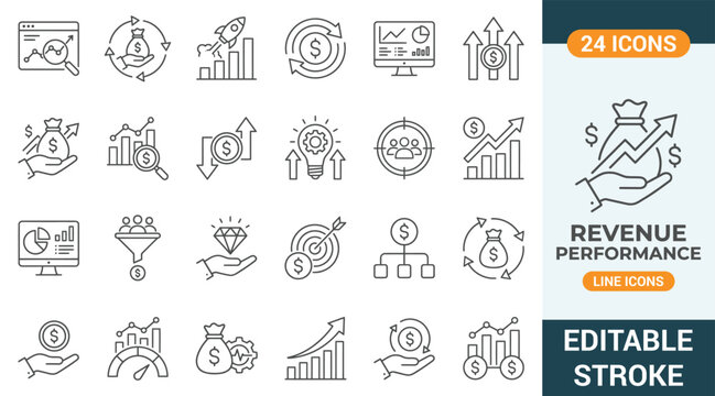 Revenue performance line icons set. Vector illustration of financial growth, sales conversion, profit optimization, business analytics elements, editable stroke.