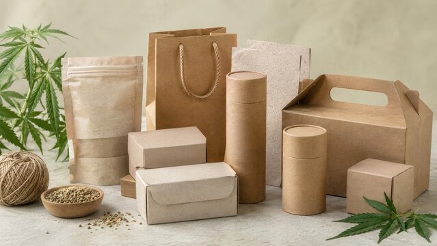 Assorted brown kraft and recyclable packaging with hemp leaves, seeds, twine and neutral natural styling