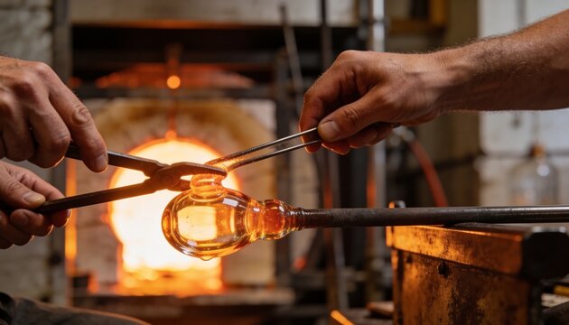 Shaping molten glass on metal blowpipe in furnace room, two hands with rolled sleeves using tongs