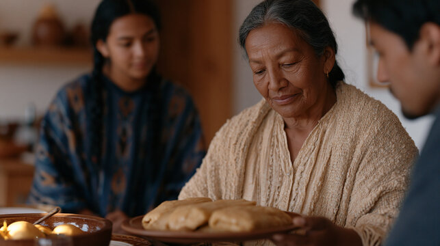 Mixed-status Mexican family eating Sunday dinner together in a modest apartment, a grandmother serving tamales, a teenage son's college acceptance letter propped against the fruit