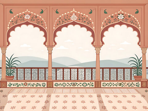 Modern minimal vector artwork of a Rajput palace balcony overlooking the horizon, featuring scalloped arches, decorative jharokha windows, intricate floral borders, muted terracotta and blush tones