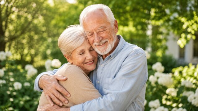 Smiling elderly couple embracing in a sunlit garden surrounded by white flowers