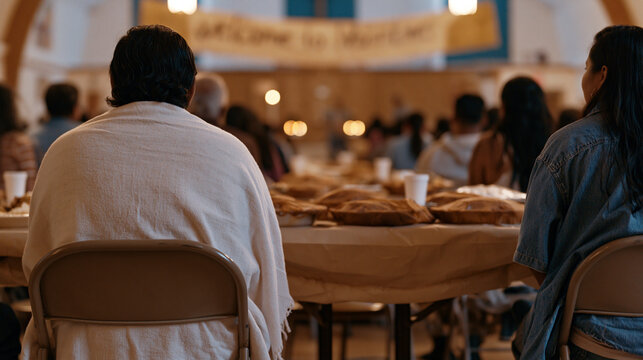 Bolivian immigrant community members in folding chairs at a church hall potluck, tables lined with covered dishes, a handwritten welcome banner overhead, early autumn evening,