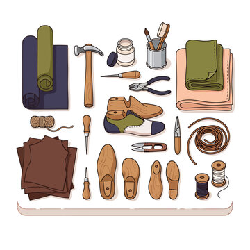 Shoe making tools and materials collection.