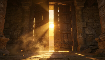 Naklejka premium Revealing worn wooden double doors slightly ajar in stone gateway, sunbeams lighting dust motes