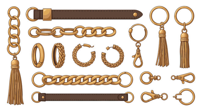 Assorted fashion accessories including leather straps, metal chains, hoop earrings, and keychains with decorative tassels.