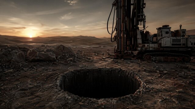 borehole. Desolate exploration site at dusk with dark borehole and drill rig, dramatic low-angle lighting. safety posters.