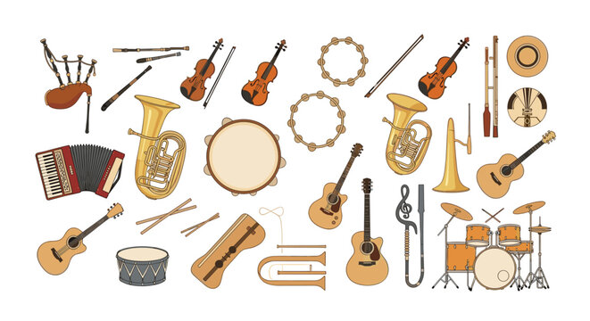 Wide range of musical instruments including guitar, drums, violin, trumpet, and accordion for orchestral and folk music.