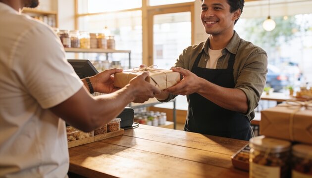 Handing shop assistant in dark apron passing wrapped twine package at counter with POS terminal