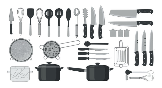 Wide array of kitchen utensils and cookware icons including knives, pots, pans, whisks, and graters in grayscale.