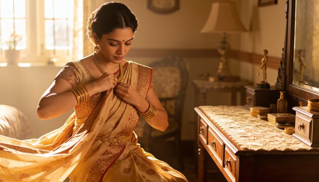 Fastening Indian woman adjusting necklace in dressing area by window, wearing golden silk saree