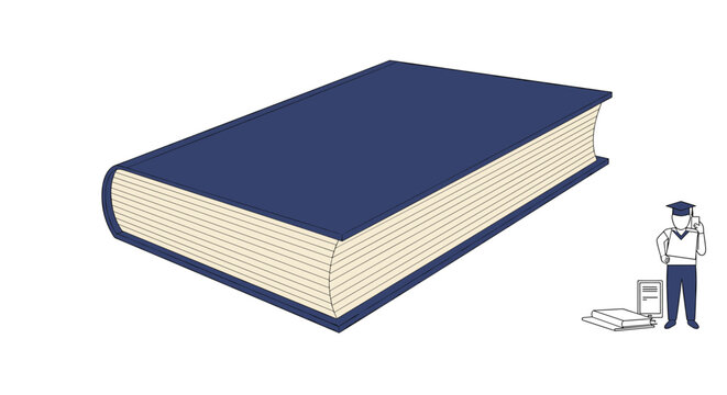 Perspective view of a huge blue book with a tiny graduate figure and more books depicted in the bottom corner.
