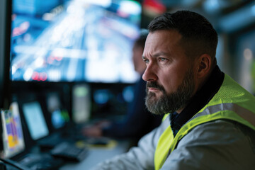 Fototapeta premium A serious-looking man in a high-visibility vest sits in a control room, engaged in monitoring tasks, illustrating the importance of vigilance and responsibility in urban safety management.