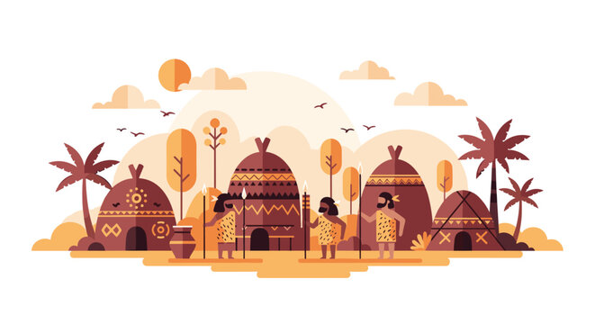 Stylized illustration of an ancient tribal village with huts, palm trees, and people dressed in animal skins with spears.
