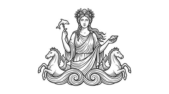 Amphitrite Greek Sea Goddess with Dolphins and Seahorses Illustration