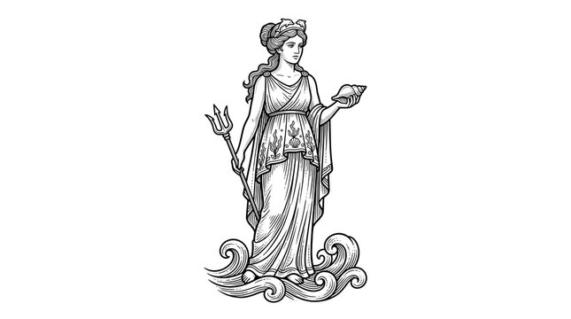 Amphitrite Greek Sea Goddess Holding Trident and Seashell Illustration