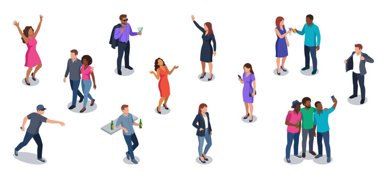 Nightlife crowd people partying and drinking at club event | Diverse young adult character set | Isometric vector illustration