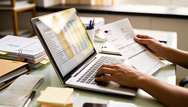 Typing hands with short sleeves on laptop at office desk near window, holding invoice