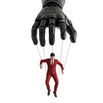 Robotic hand controlling businessman puppet on strings
