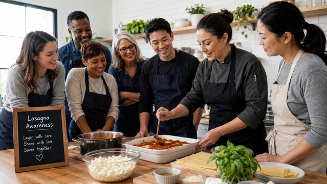 Community cooking class preparing lasagna together in a bright modern kitchen