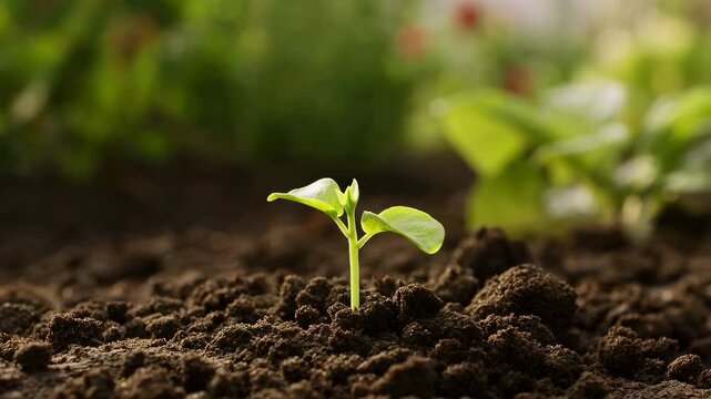 Fresh green seedling emerging from rich soil. Symbolizes growth, renewal, and the beginning of a new life cycle in nature