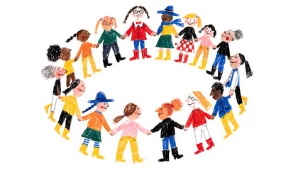 Fototapeta premium Children holding hands in a circle illustration, diverse kids friendship concept