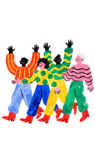Fototapeta premium Diverse group of happy people celebrating together walking forward with raised hands, whimsical watercolor naive folk art style illustration isolated on white background