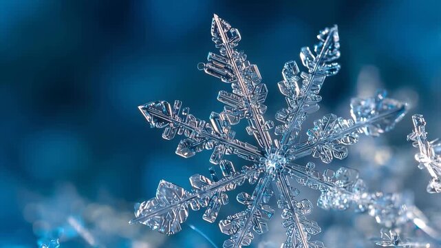 Intricate ice crystal snowflake glistening under cool blue light on a cold winter morning showing delicate structure and frosty details