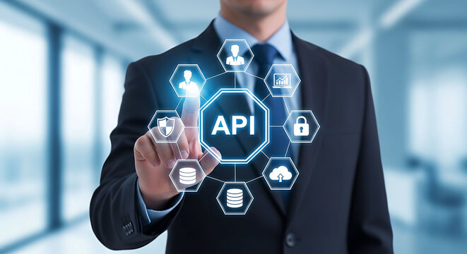 Businessman touching API interface screen for software development and integration