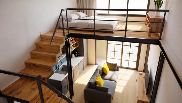 Small studio loft apartment with mezzanine sleeping area apartment mezzanine interior livingroom