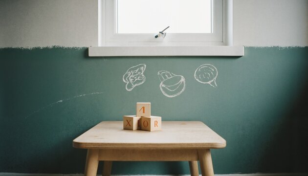 XOR logic on blocks chalk drawings on wall classroom scene with wooden spelling table and of