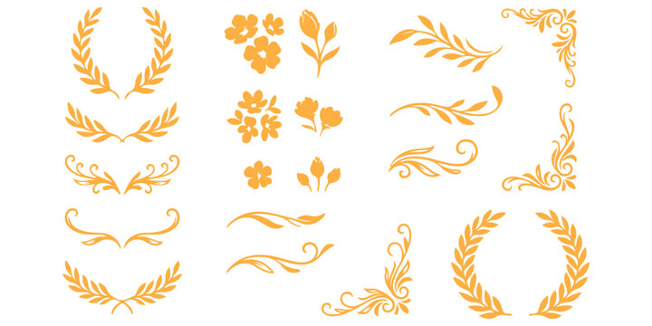 Set of hand drawn floral wreaths leaves and decorative corner ornaments for wedding design elements