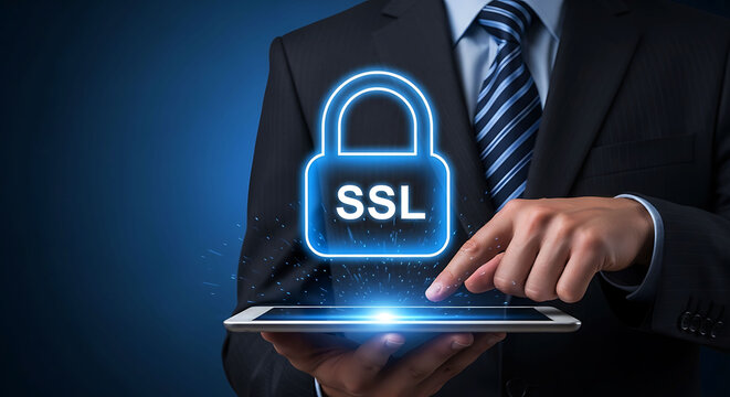 Businessman holding tablet with SSL encryption security lock icon on blue background