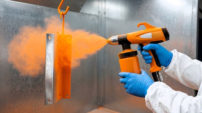 Industrial worker in protective gear using orange powder coating spray gun on metal plate in factory