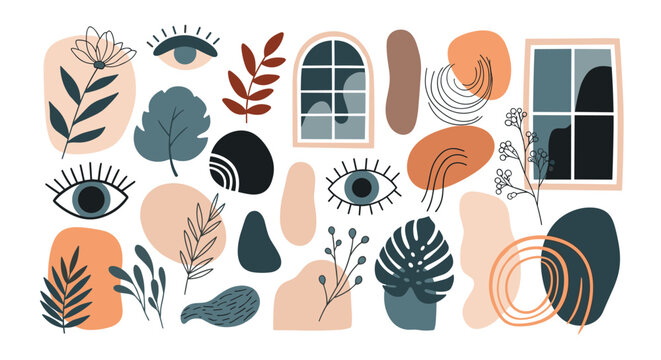 Collection of abstract hand-drawn shapes eyes leaves and window frames in a modern aesthetic with earthy tones.