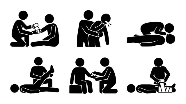 First Aid Icons Set, Medical Emergency Pictograms, Health Care Emergency Procedures, Rescue Actions, Simple Stick Figure Illustrations