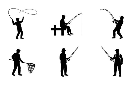Fishing Silhouettes Set: Angler Poses, Rod Casting, Net Catch, Vector Icons for Outdoor Recreation and Sport