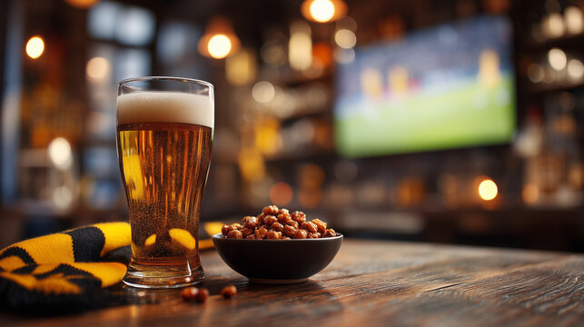 Glass of cold draft beer with roasted snacks on a wooden table in a sports bar. Blurred football match on TV creates the perfect atmosphere for watching soccer with friends.