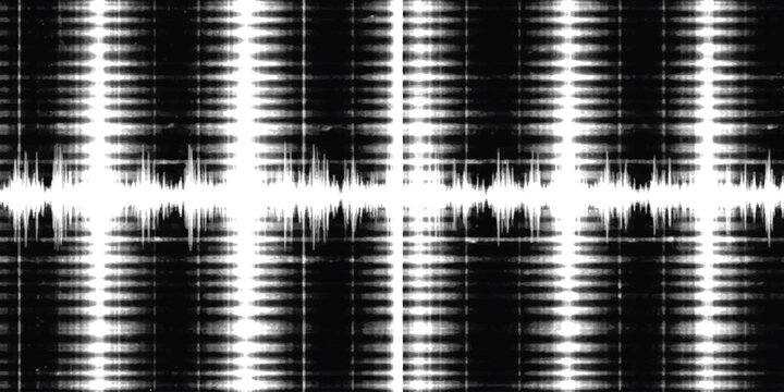 Abstract sound wave pattern with rhythmic vertical lines and digital noise in black and white