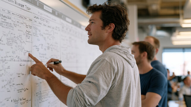 Interplanetary mission design sprint where aerospace systems engineering group fills wide whiteboard with launch window analysis delta velocity budget diagrams and payload mass