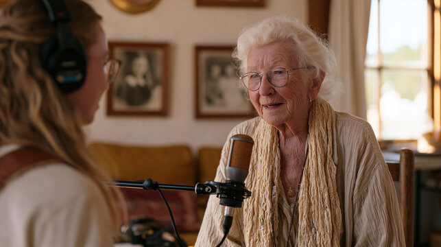Retired schoolteacher narrating memories into a microphone for a living archive project inside her modest sitting room, a young ethnography student operating recording equipment