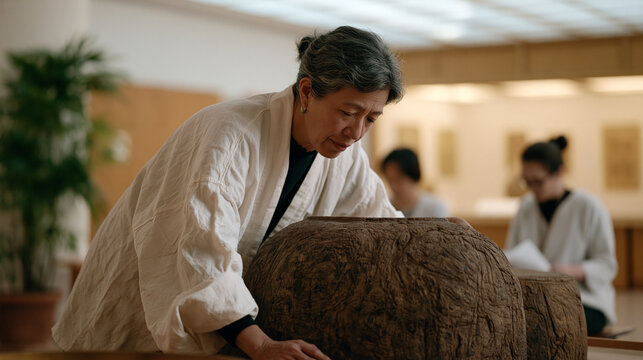 Chief conservator at a Southeast Asian national museum arranging displaced colonial-era artifacts into a new permanent decolonized gallery, wall text being installed, community