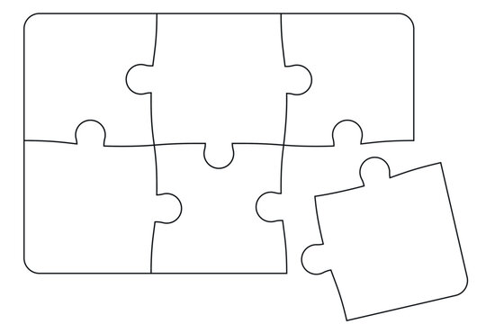 Outline connected puzzle 6 pieces frame. Frame blank puzzle 2x3 pieces. Template shape of Jigsaw puzzle pieces. Stock vector illustration isolated on white background.