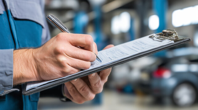 Automotive technician completing vehicle inspection checklist on clipboard inside professional auto repair garage. Car service documentation, maintenance report and quality control concept.