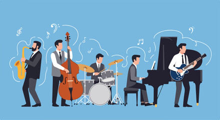 A cartoon illustration of five musicians playing instruments © Luffy