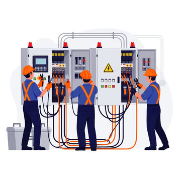 Vector flat design illustration of electricians working on a complex electrical panel with wires and safety lights
