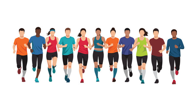 Group of diverse people in colorful sportswear running together on a white background for fitness and health promotion.